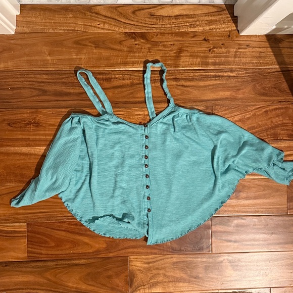 Free People Teal Button-Front Blouse - Picture 2 of 6